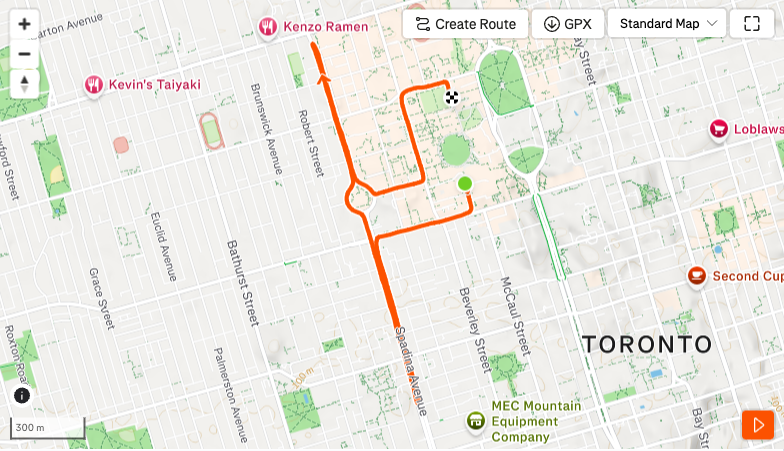 Route map for Cibc run for the cure 5k